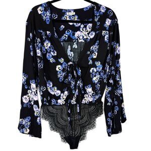 Free People Intimatley Black and purple floral bodysuit Size Small